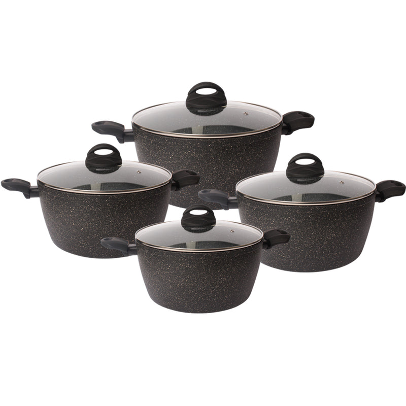 Lava Stone Granite 4-Pots Cookware Set Black Glass Lid